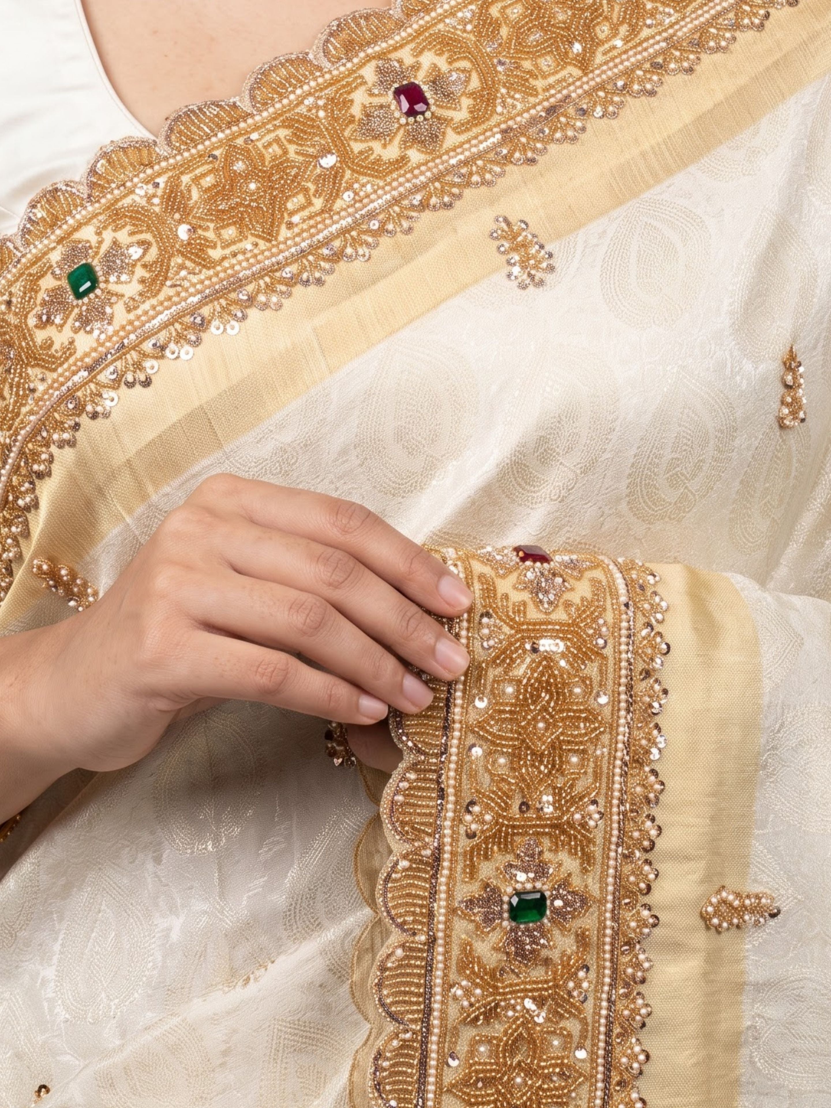 Ivory Tissue Unstitched Saree Embellished With Sequins, Moti, Stone & Cutdana Work